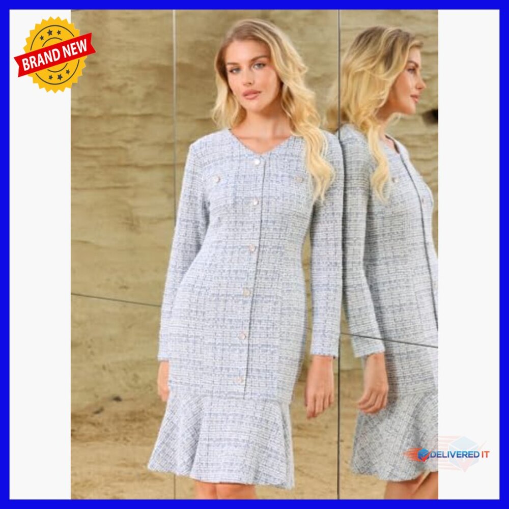 Tweed Midi Dress Long Sleeve V-Neck Fishtail Wedding Cocktail Bodycon - Picture 2 of 6